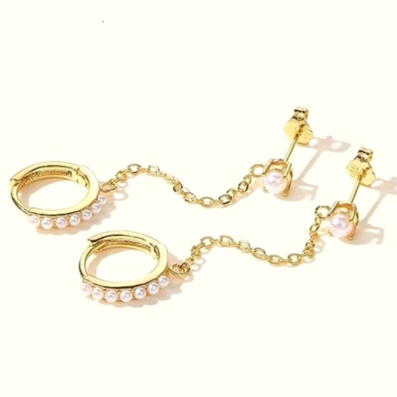 Gold Double Pierced Ears Chain Linked Pearl Stud Pearls Hoops Hoop Earrings New - Picture 1 of 6